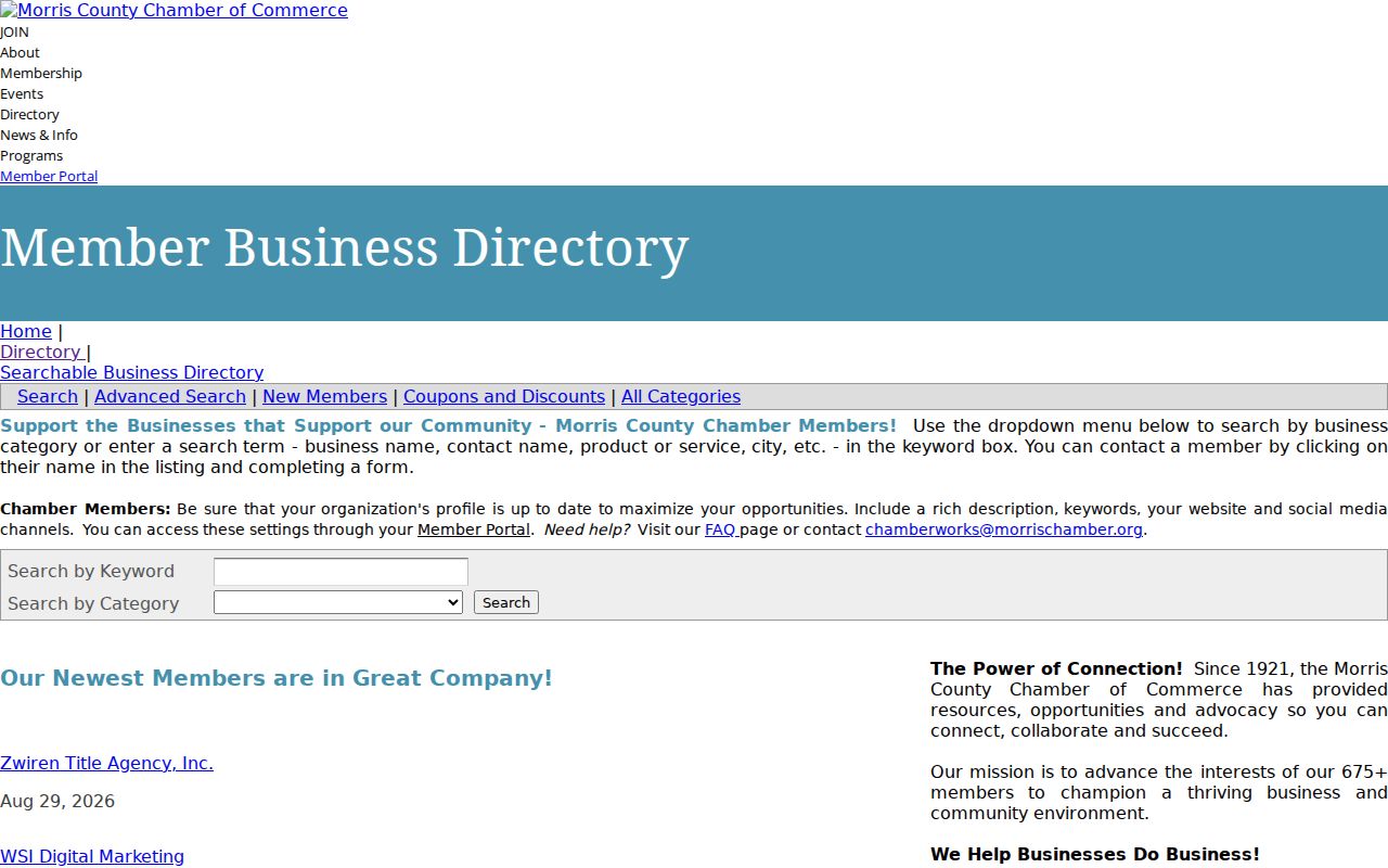 Morris County neighbors civic organization search fields in the Chamber directory