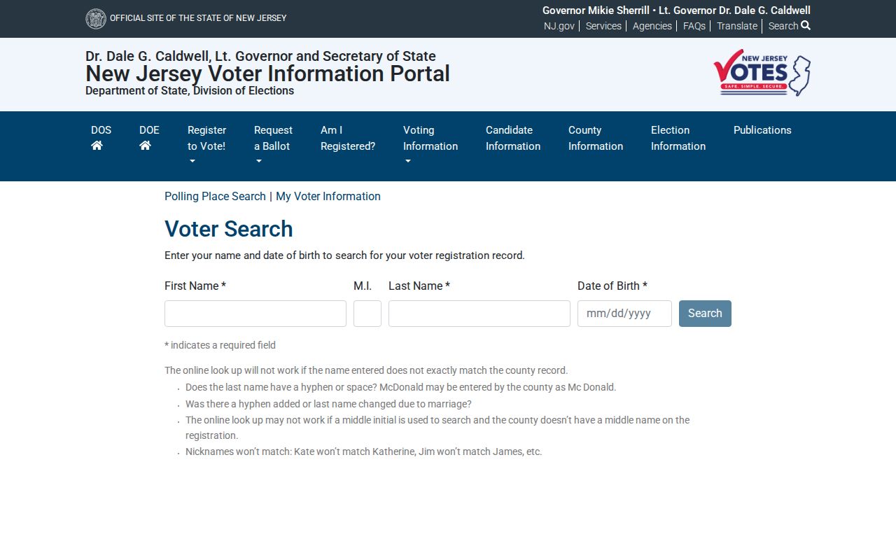 Morris County resident lookup view of New Jersey voter registration form