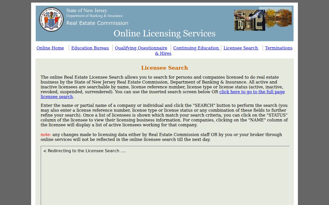 Morris County resident lookup view of New Jersey real estate license search