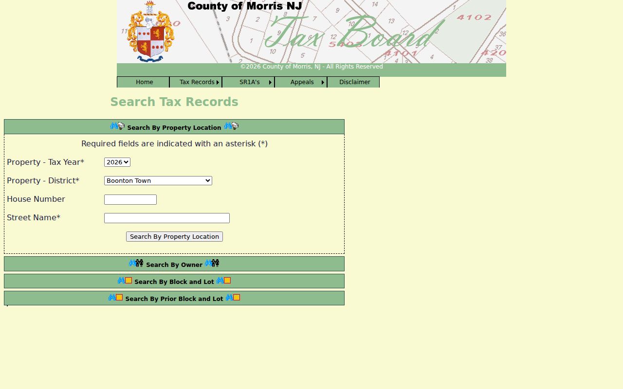 Morris County street records Tax Board property search fields